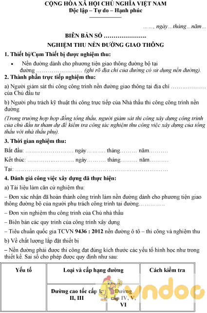 Mẫu biên bản nghiệm thu nền đường giao thông