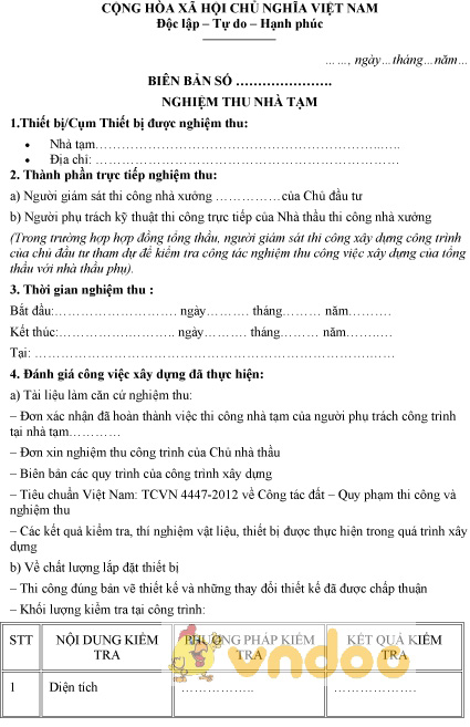 Mẫu biên bản nghiệm thu nhà tạm