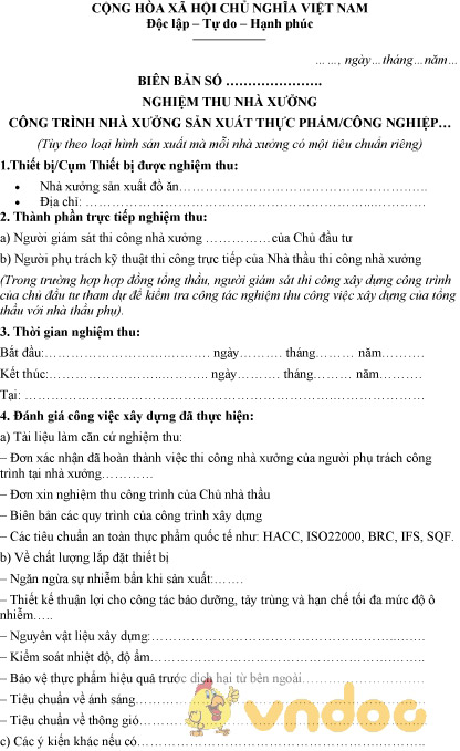 Mẫu biên bản nghiệm thu nhà xưởng