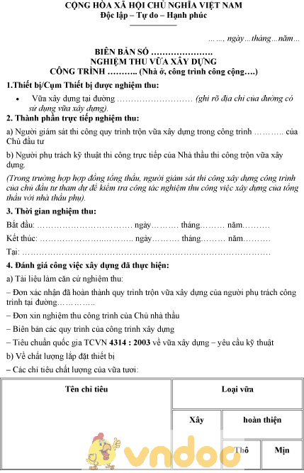 Biên bản nghiệm thu vữa xây dựng