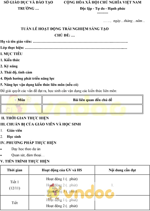 Mẫu biểu tuần lễ hoạt động trải nghiệm sáng tạo