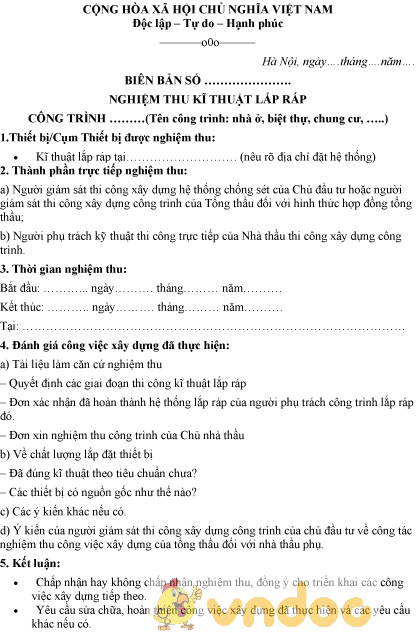 Mẫu biên bản nghiệm thu kỹ thuật lắp ráp