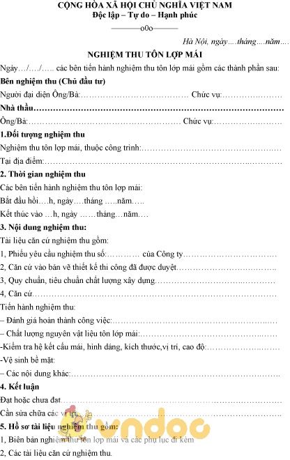 Mẫu biên bản nghiệm thu tôn lợp mái