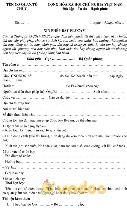 Mẫu đơn xin phép bay flycam