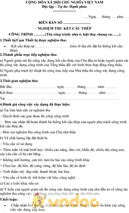 Mẫu biên bản nghiệm thu kết cấu thép