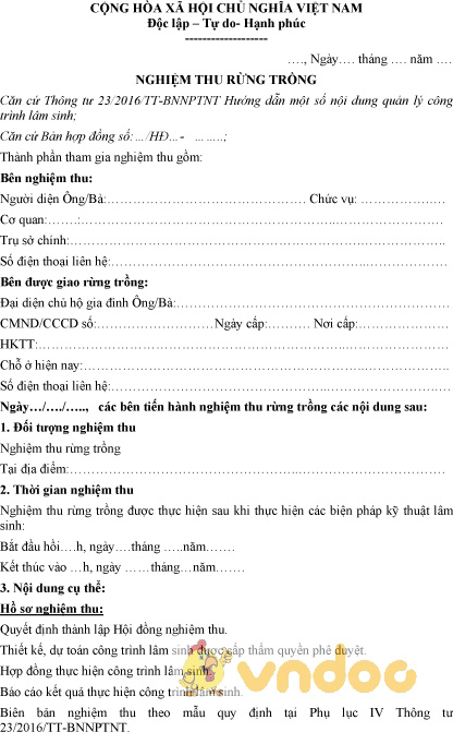 Mẫu biên bản nghiệm thu rừng trồng