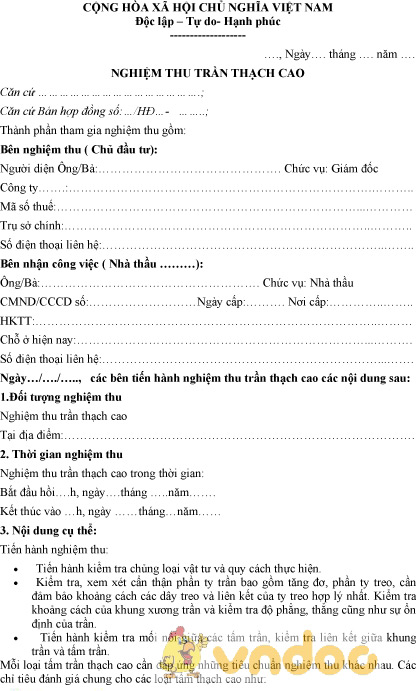 Mẫu biên bản nghiệm thu trần thạch cao