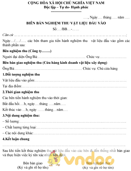 Mẫu biên bản nghiệm thu vật liệu đầu vào