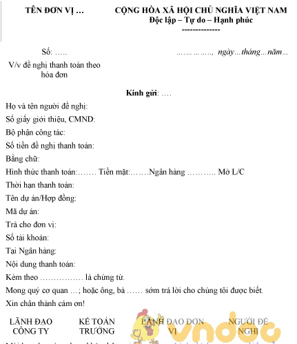 Mẫu công văn đề nghị thanh toán theo hóa đơn