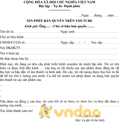 Mẫu đơn xin phép bản quyền trên youtube