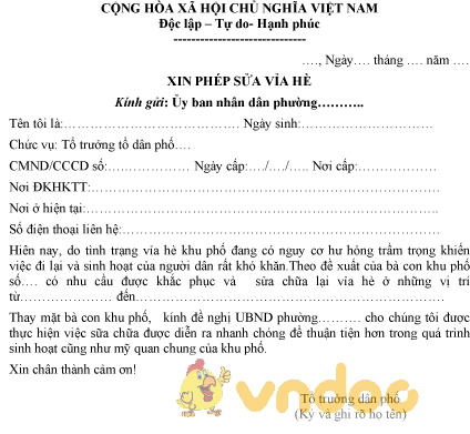 Mẫu đơn xin phép sửa vỉa hè