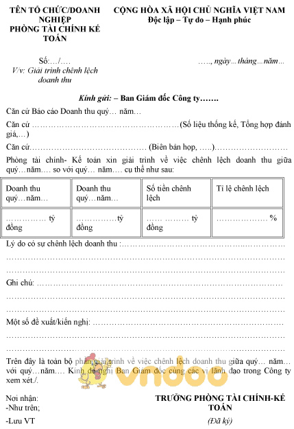 Mẫu giải trình chênh lệch doanh thu