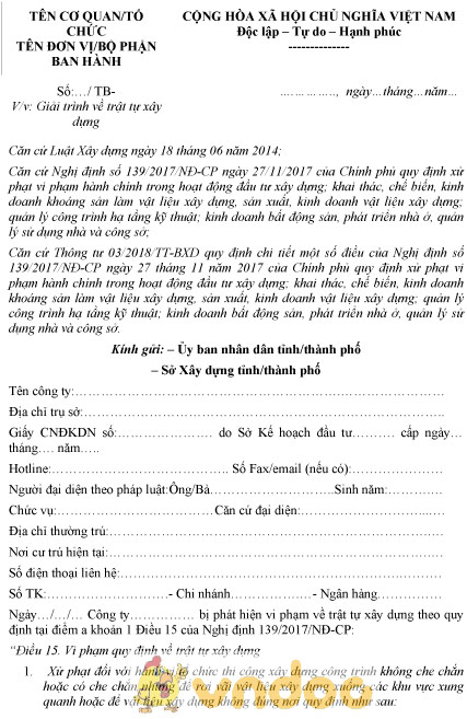 Mẫu giải trình về trật tự xây dựng