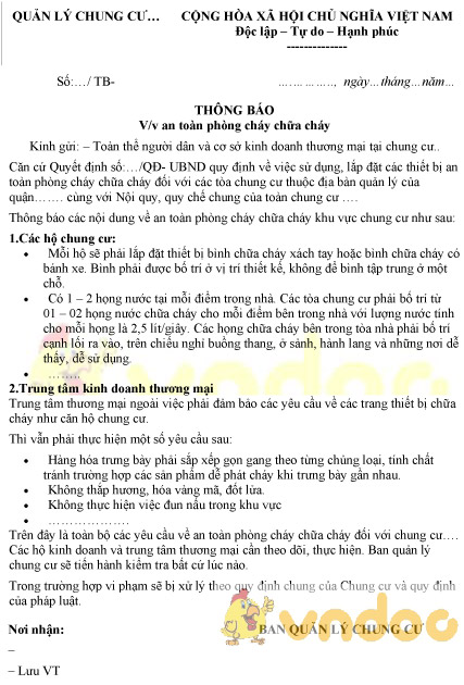 Mẫu thông báo an toàn phòng cháy chữa cháy