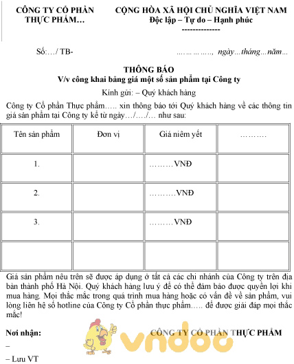 Mẫu thông báo công khai bảng giá