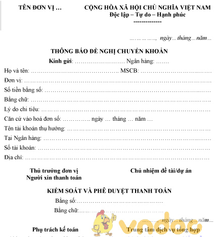 Mẫu thông báo đề nghị chuyển khoản