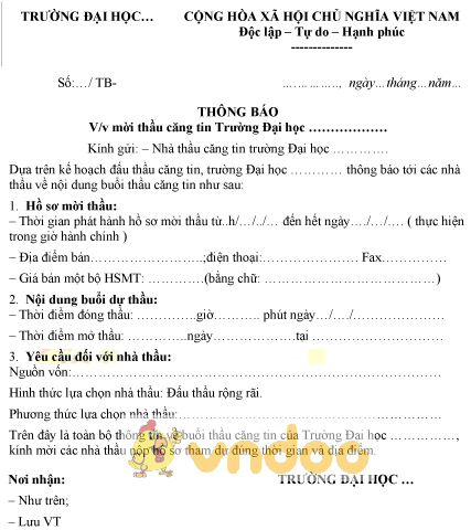 Mẫu thông báo mời thầu căng tin