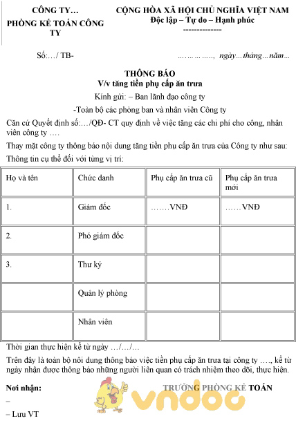 Mẫu thông báo tăng tiền phụ cấp ăn trưa