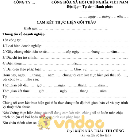 Mẫu cam kết thực hiện gói thầu