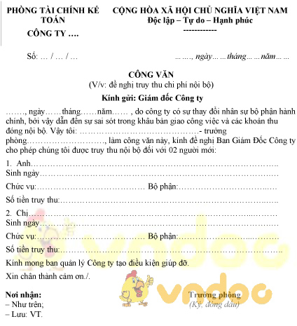 Mẫu công văn đề nghị truy thu chi phí nội bộ