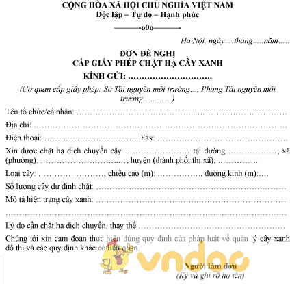 Mẫu đơn đề nghị cấp giấy phép chặt hạ cây xanh