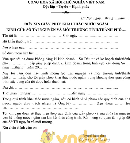 Mẫu đơn xin giấy phép khai thác nước ngầm