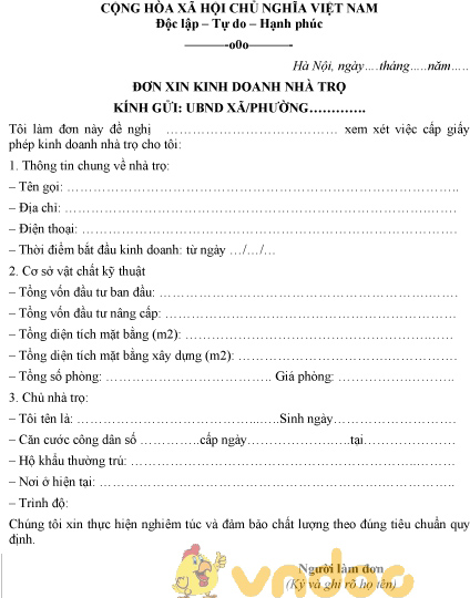 Mẫu đơn xin kinh doanh nhà trọ