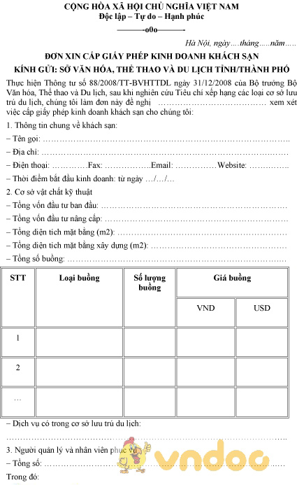 Mẫu đơn xin phép kinh doanh khách sạn