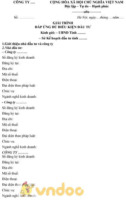 Mẫu giải trình đáp ứng điều kiện đầu tư