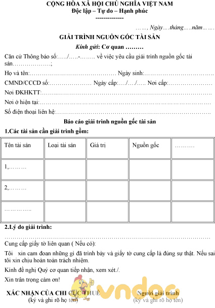 Mẫu giải trình nguồn gốc tài sản