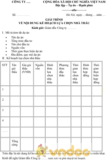 Mẫu giải trình nội dung kế hoạch lựa chọn nhà thầu