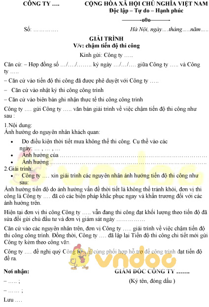 Mẫu giải trình về việc chậm tiến độ thi công