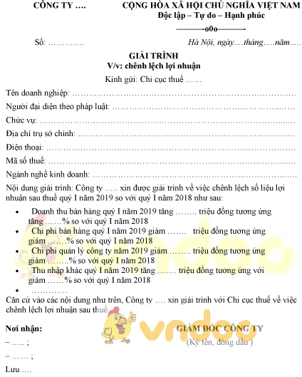 Mẫu giải trình về việc chênh lệch lợi nhuận