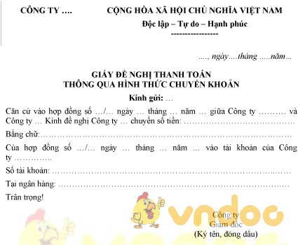 Mẫu giấy đề nghị thanh toán bằng chuyển khoản