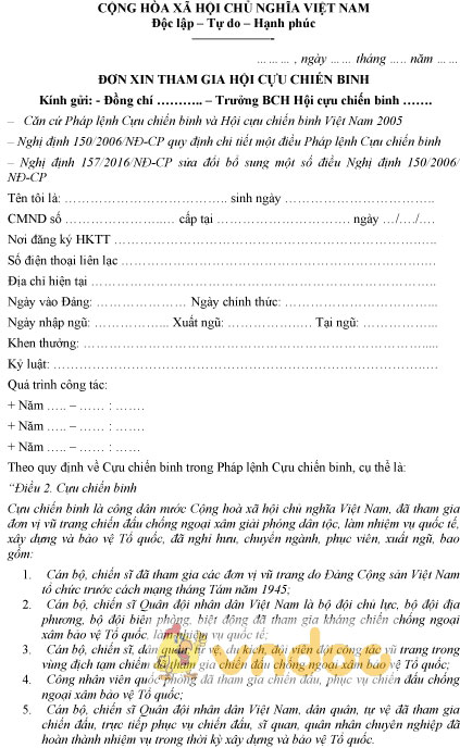 Mẫu đơn xin tham gia hội cựu chiến binh