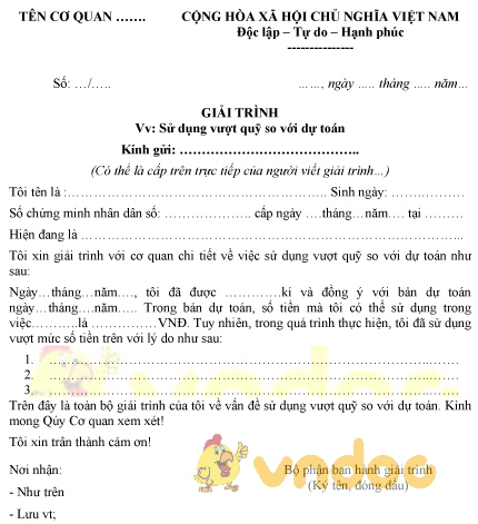Mẫu giải trình sử dụng vượt quỹ so với dự toán