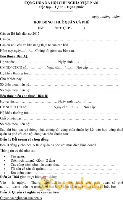 Mẫu hợp đồng thuê quán cà phê