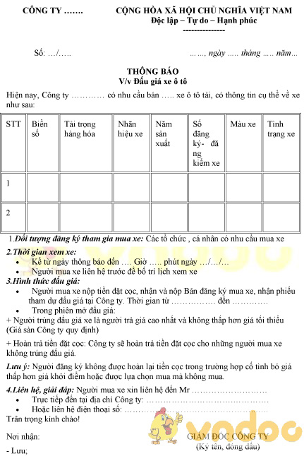Mẫu thông báo đấu giá xe ô tô