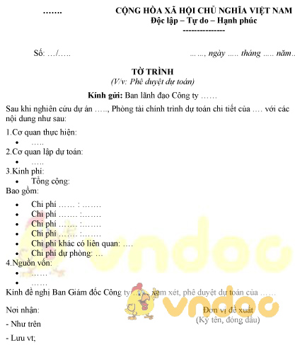 Mẫu tờ trình phê duyệt dự toán