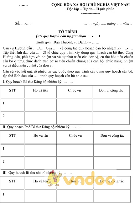 Mẫu tờ trình quy hoạch cán bộ