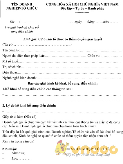 Mẫu giải trình kê khai bổ sung điều chỉnh