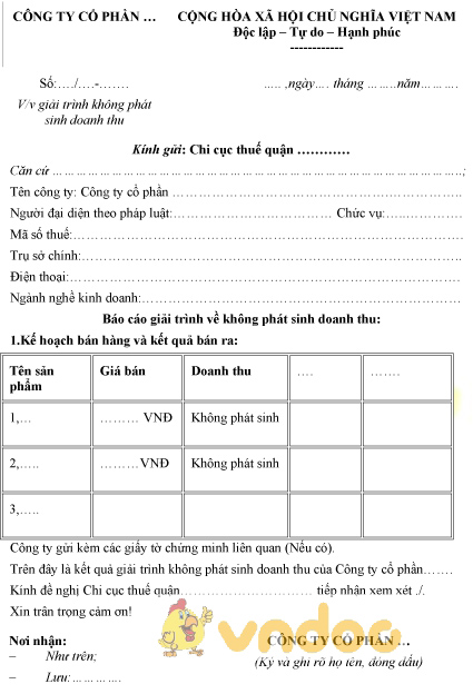 Mẫu giải trình không phát sinh doanh thu