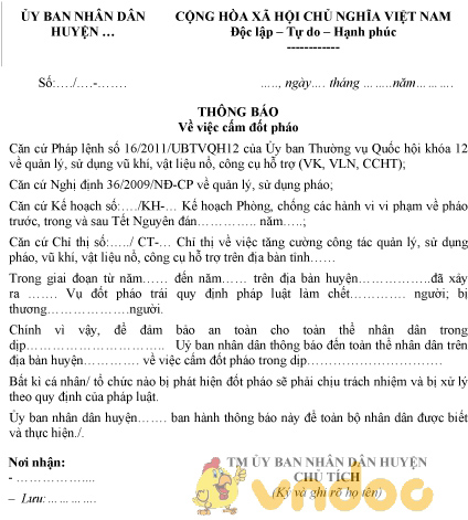 Mẫu thông báo cấm đốt pháo