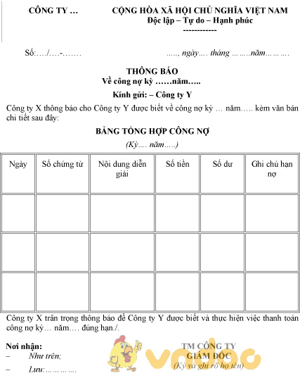 Mẫu thông báo công nợ