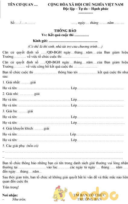 Mẫu thông báo kết quả cuộc thi