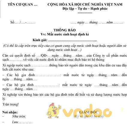 Mẫu thông báo mất nước sinh hoạt
