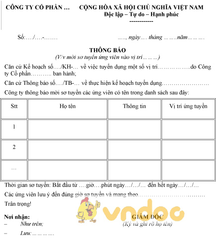 Mẫu thông báo mời sơ tuyển