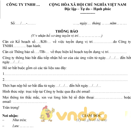 Mẫu thông báo nhận hồ sơ
