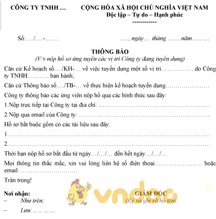 Mẫu thông báo nộp hồ sơ