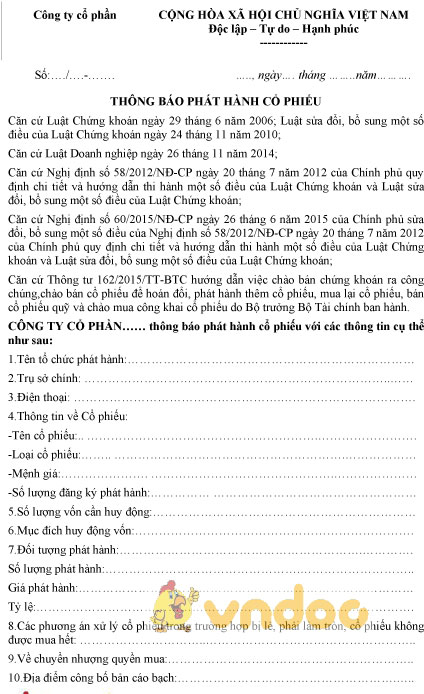 Mẫu thông báo phát hành cổ phiếu